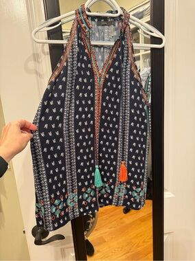 THML Navy Patterned Halter Tank with Tassels